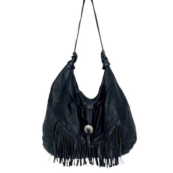 Vintage Handbags - 🌈 VINTAGE Cowgirl Black Leather Fringe XL Hobo Bag